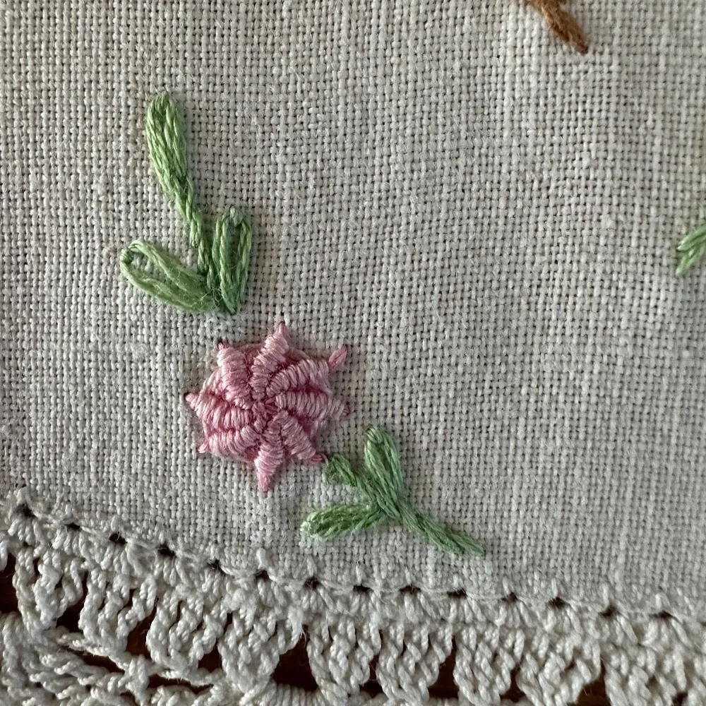 Vintage Embroidered Linen Dresser Scarf Runner Crochet Edge 34
